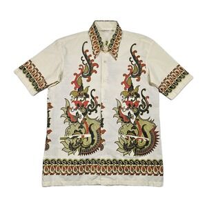 Vtg 70's Java Batik Shirt Mens M - 15 1/2 Cream Red Green Paisley Floral Birds